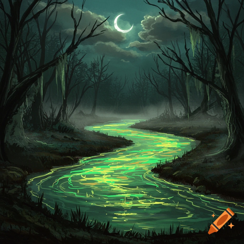 An illustrated dark fantasy scene of a glowing green river winding through a gloomy forest at night under a crescent moon.