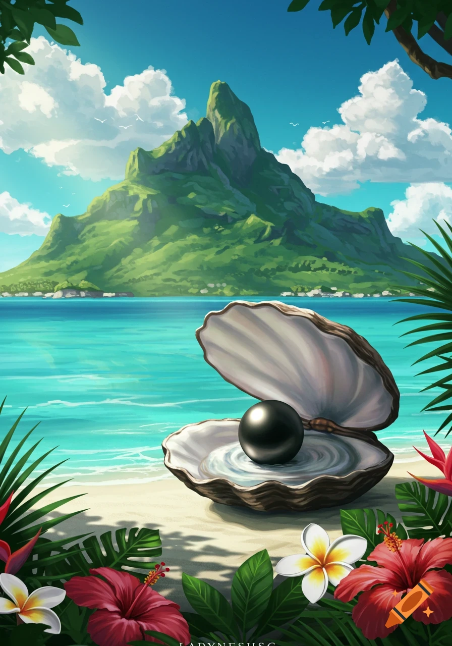 Vibrant illustration of an open oyster holding a black pearl on a tropical beach with exotic flowers, turquoise sea, and a green mountain.