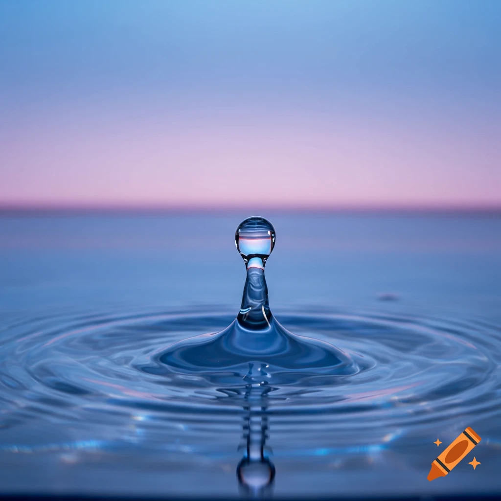 A crystal-clear water droplet splashes on a serene blue water surface, creating ripples, against a soft gradient sky.