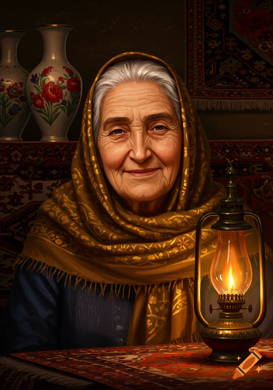 A detailed portrait of a smiling old Iranian woman in a gold patterned headscarf, illuminated by a lantern, with traditional rugs and vases.