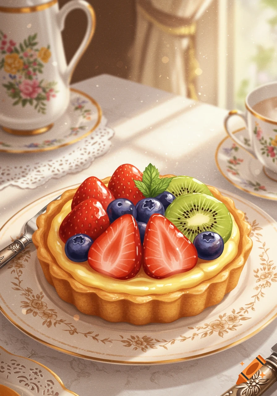 A fruit tart topped with strawberries, blueberries, and kiwi slices on a decorative plate, alongside a floral teapot and teacup in soft sunlight.