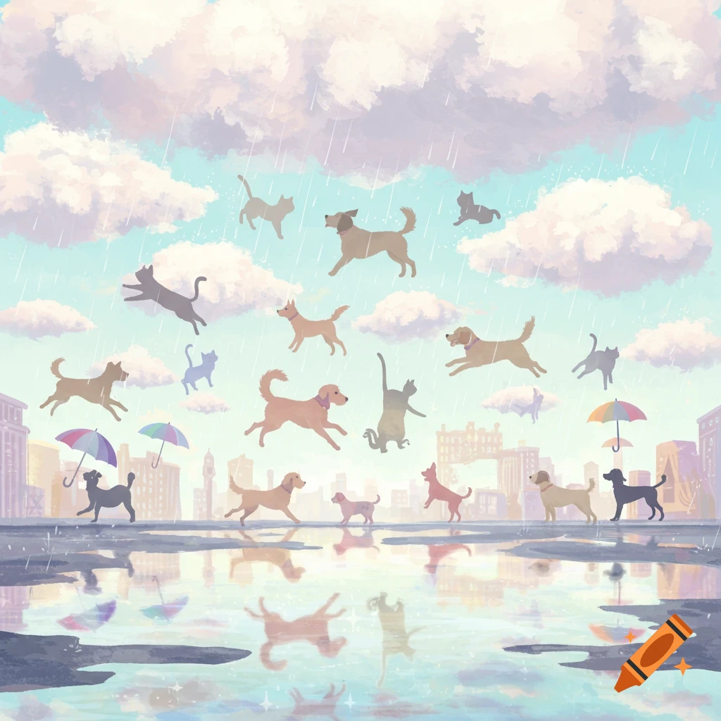 Stylized illustration of numerous cats and dogs falling from a rainy sky over a city, with colorful umbrellas and reflections in puddles.