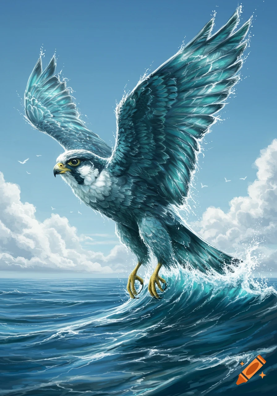 A majestic blue falcon with wings made of splashing water flies above a wavy ocean under a clear blue sky.