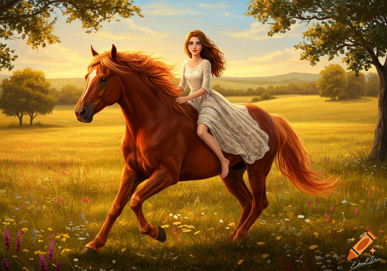 A girl with long brown hair in a white dress rides a brown horse through a golden, flowery field at sunset, digital art.