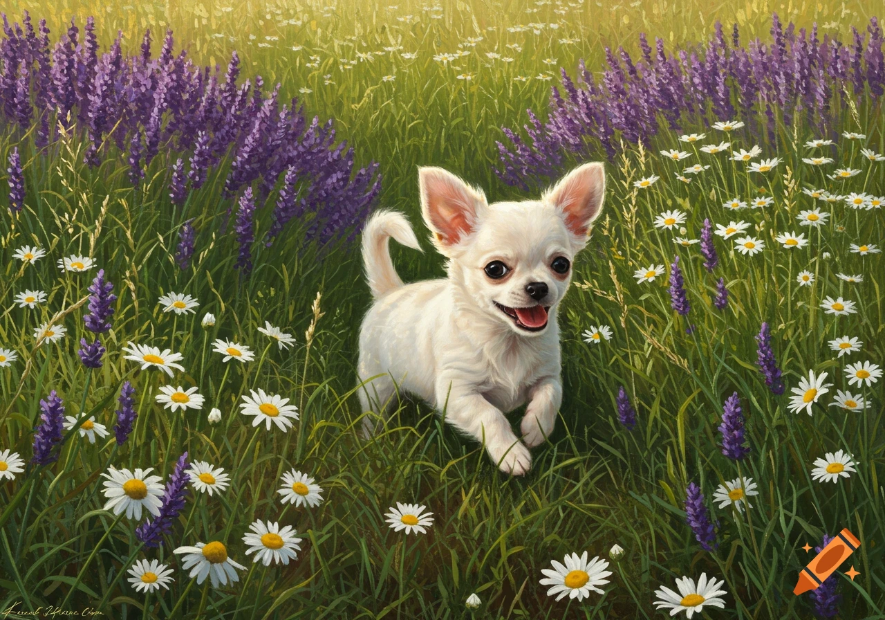 A white chihuahua puppy runs through a vibrant field of purple lavender and white daisies in a realistic painting.