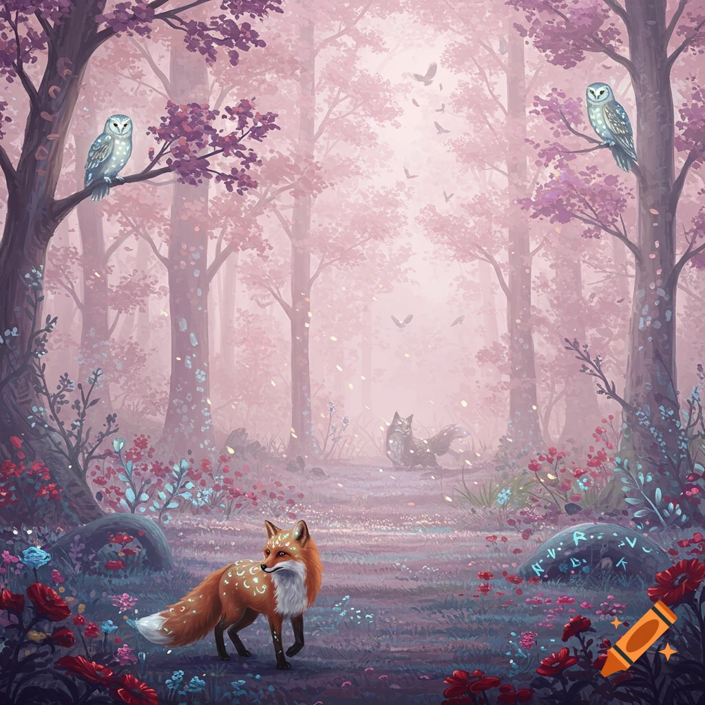 A dreamy, pastel-colored mystical forest with a fox in the foreground, owls in trees, and soft mist.