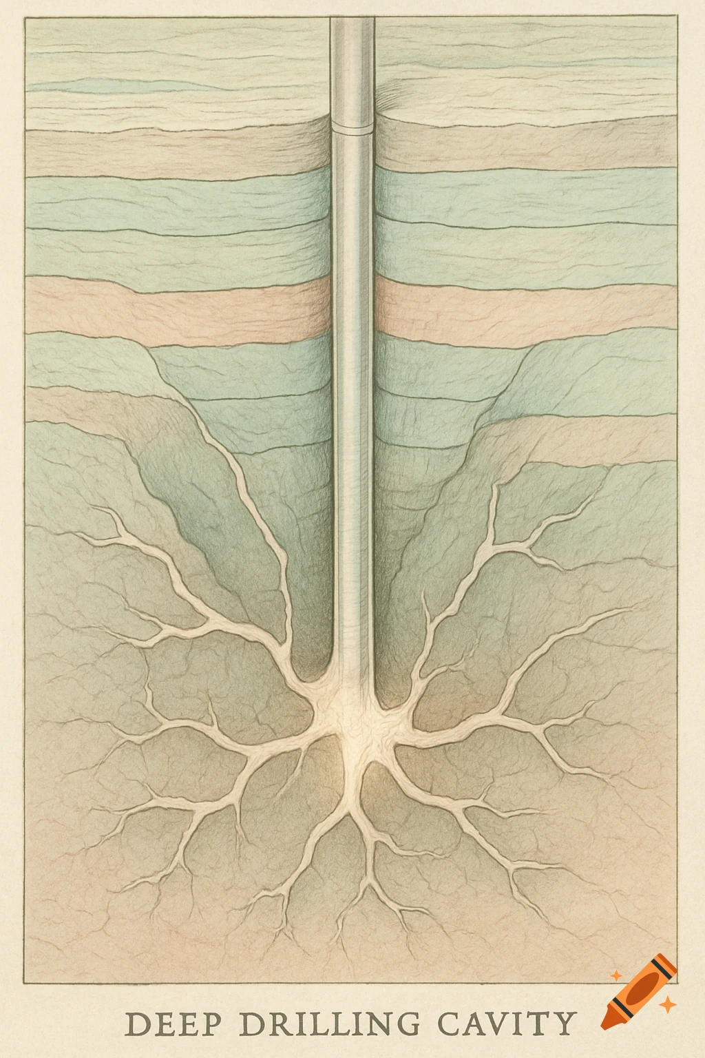 Scientific illustration of a deep drilling cavity with branching fissures through geological layers.