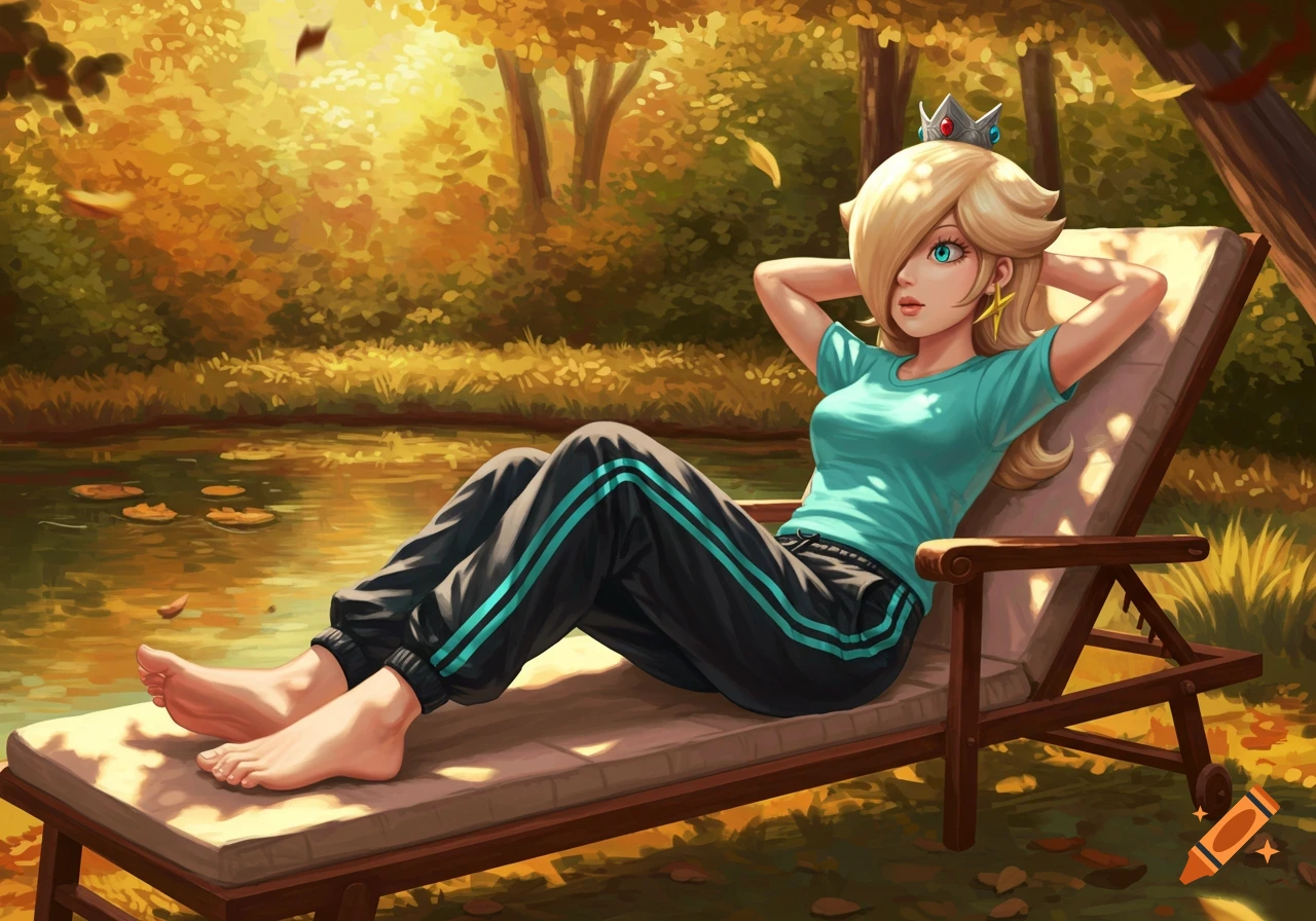 Princess Rosalina in a light blue t-shirt and black track pants with aqua stripes, barefoot, relaxing on a lounge chair by a sunlit forest lake.