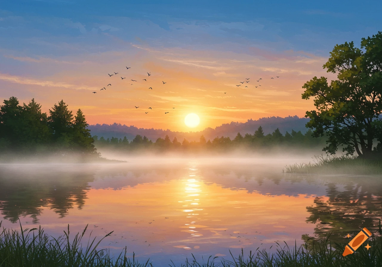 A serene sunrise over a misty lake with reflections, silhouetted trees, and flying birds in a painterly style.