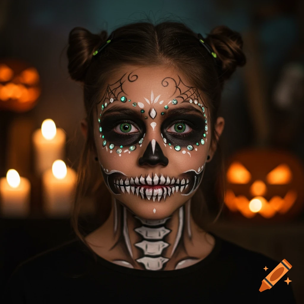 Photorealistic portrait of a girl in intricate Halloween skeleton makeup with green eyes and buns, backlit by candles and jack-o'-lanterns.
