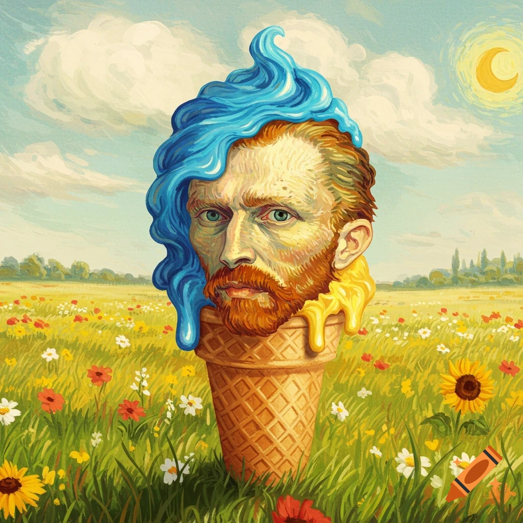 A surreal painting depicting Vincent Van Gogh's head as an ice cream cone, with blue and yellow melting ice cream, in a field of flowers.