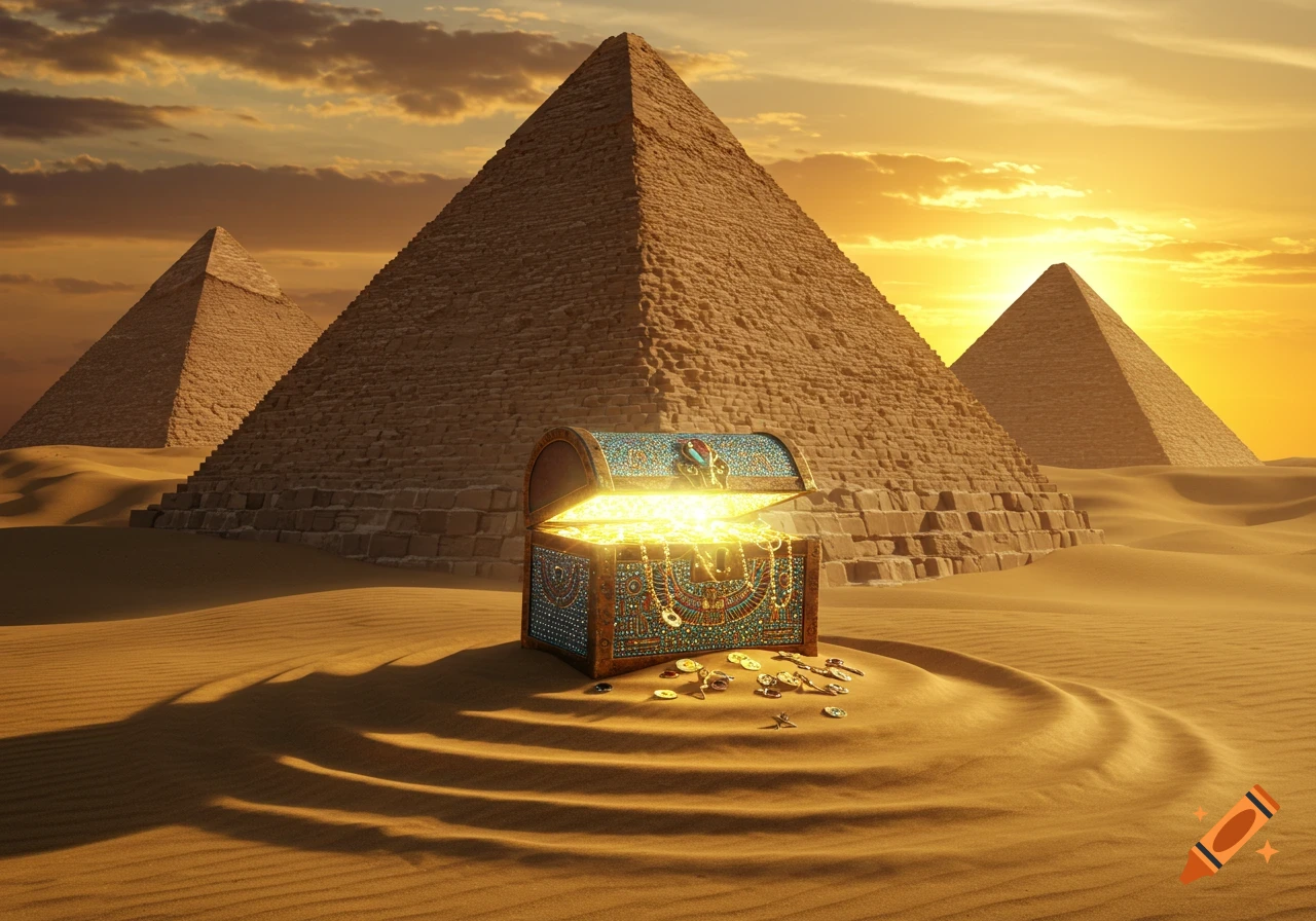 A giant glowing Ankh symbol sits atop an Egyptian pyramid at sunset. on  Craiyon, image size:1280x896