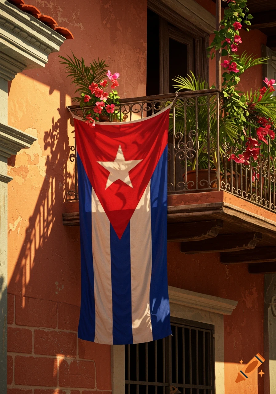 A Cuban flag hangs vertically from a wrought-iron balcony on a sunlit, textured orange building, adorned with green plants and pink flowers.