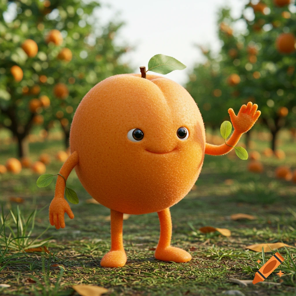 A cute, fuzzy orange apricot character with big eyes, a smile, arms, and legs waves in a sunny orchard.