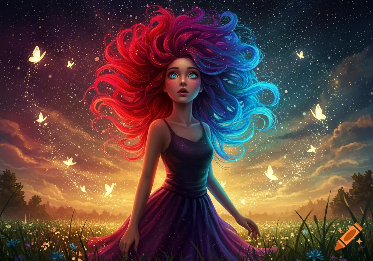 A fantasy girl with voluminous, flowing red and blue hair stands in a field of wildflowers under a starry, twilight sky with glowing butterflies.