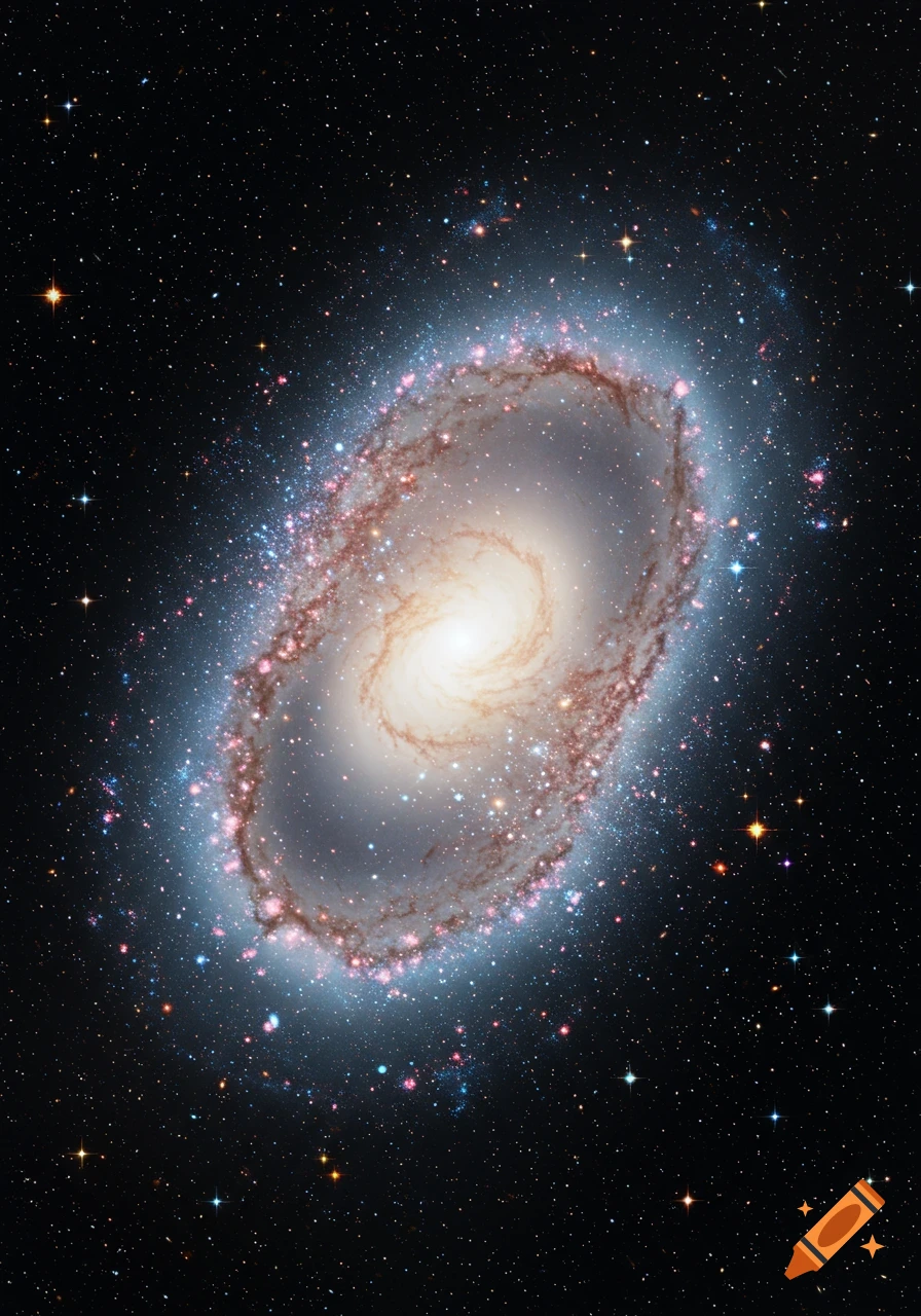 A bright, oval-shaped spiral galaxy with a luminous core and reddish-pink star-forming regions, surrounded by countless stars in dark space.