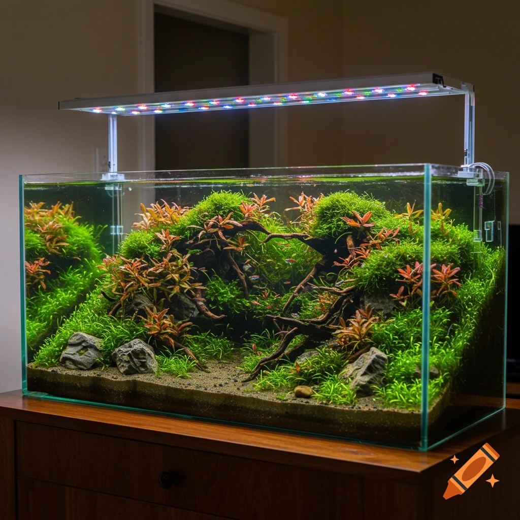 A vibrant aquascaped aquarium filled with lush green and red aquatic plants, driftwood, and rocks, illuminated by an overhead light.