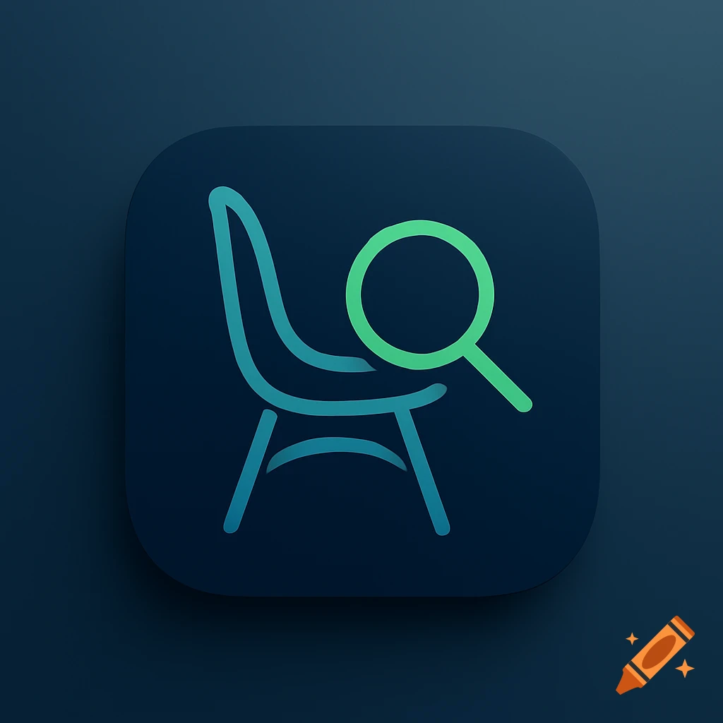 A dark blue app icon with a teal and green minimalist line drawing of a chair and a green magnifying glass.