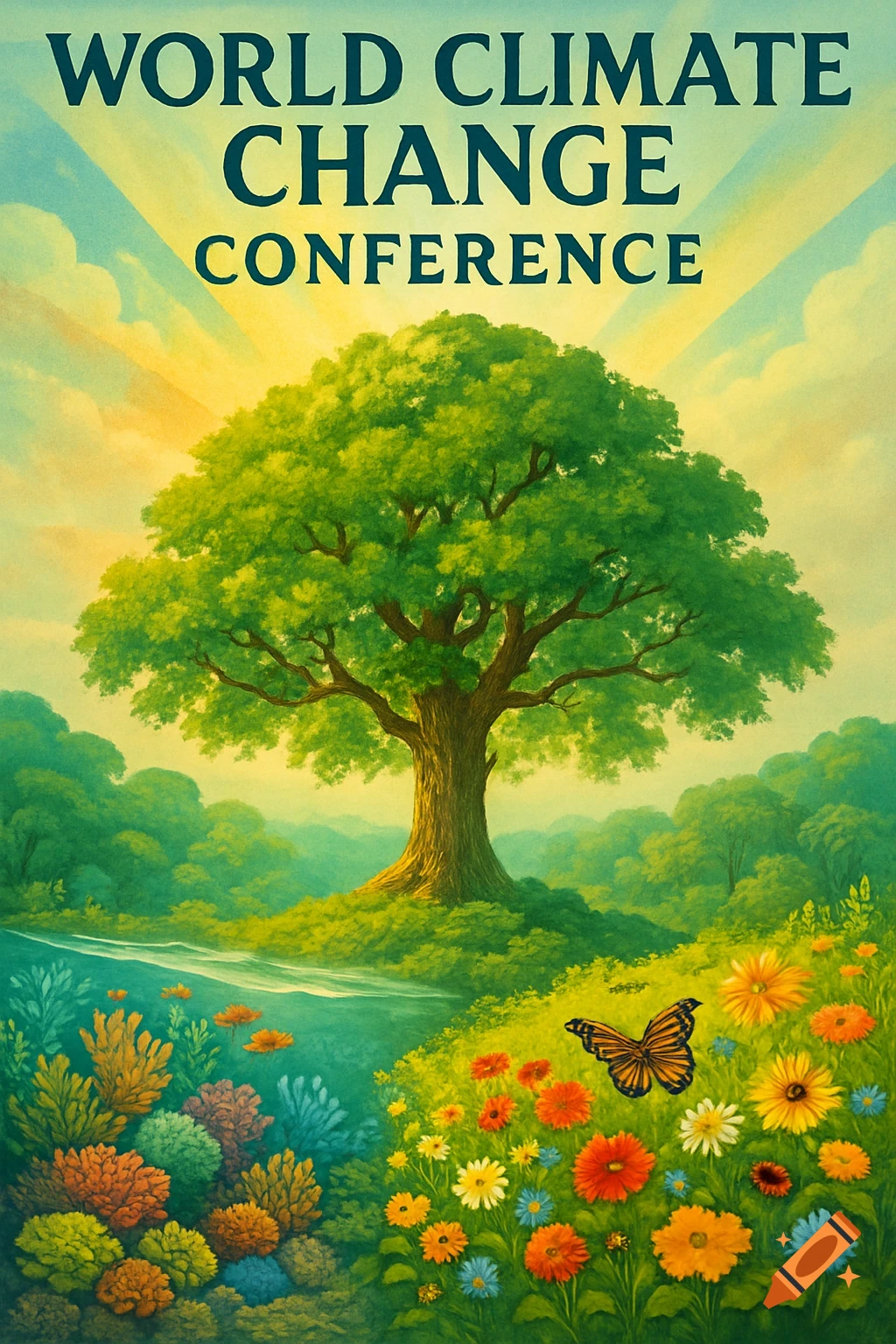 A poster for the World Climate Change Conference, featuring a large green tree in a lush landscape with a river, colorful flowers, and a butterfly under a bright sky.