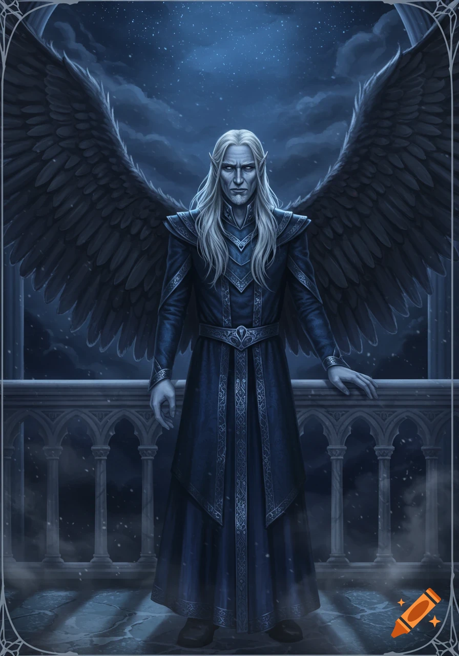 A pale-skinned male fantasy character with long white hair and dark wings in an ornate blue robe, standing on a gothic balcony at night.