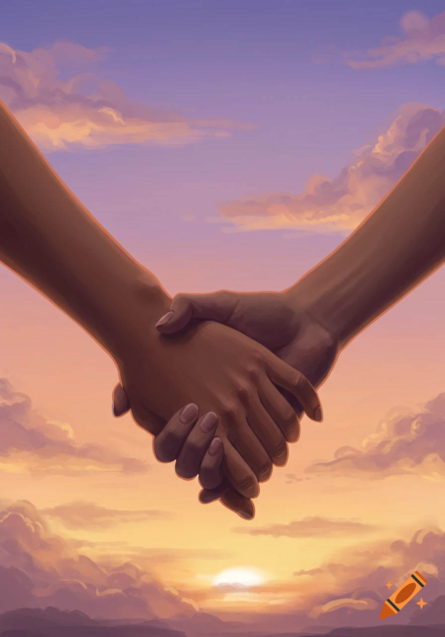 Two hands with dark skin tones hold each other against a vibrant purple and orange sunset sky with clouds, in an illustrative style.