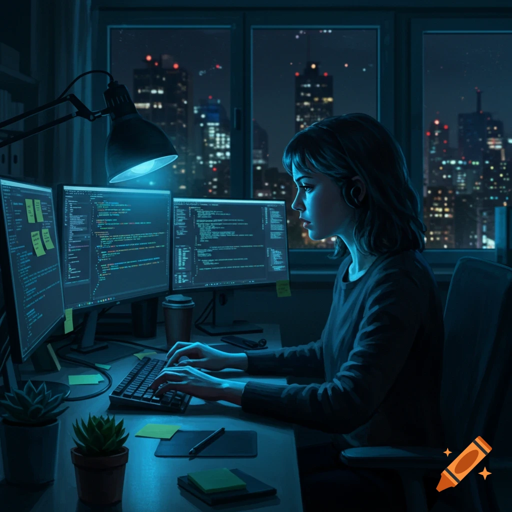 A female programmer works late at her desk with multiple monitors displaying code, overlooking a city at night.