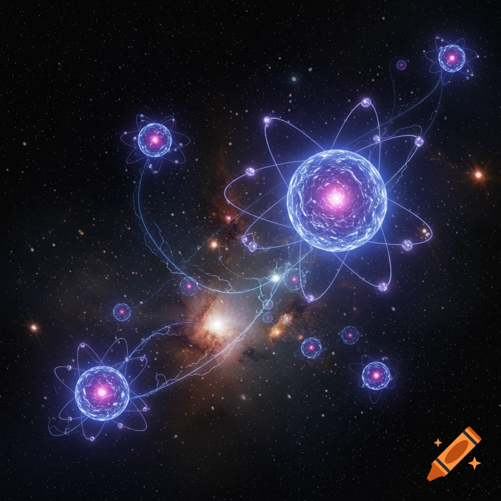 Multiple glowing atoms with orbiting electrons in a dark, star-filled cosmic space with nebulae.