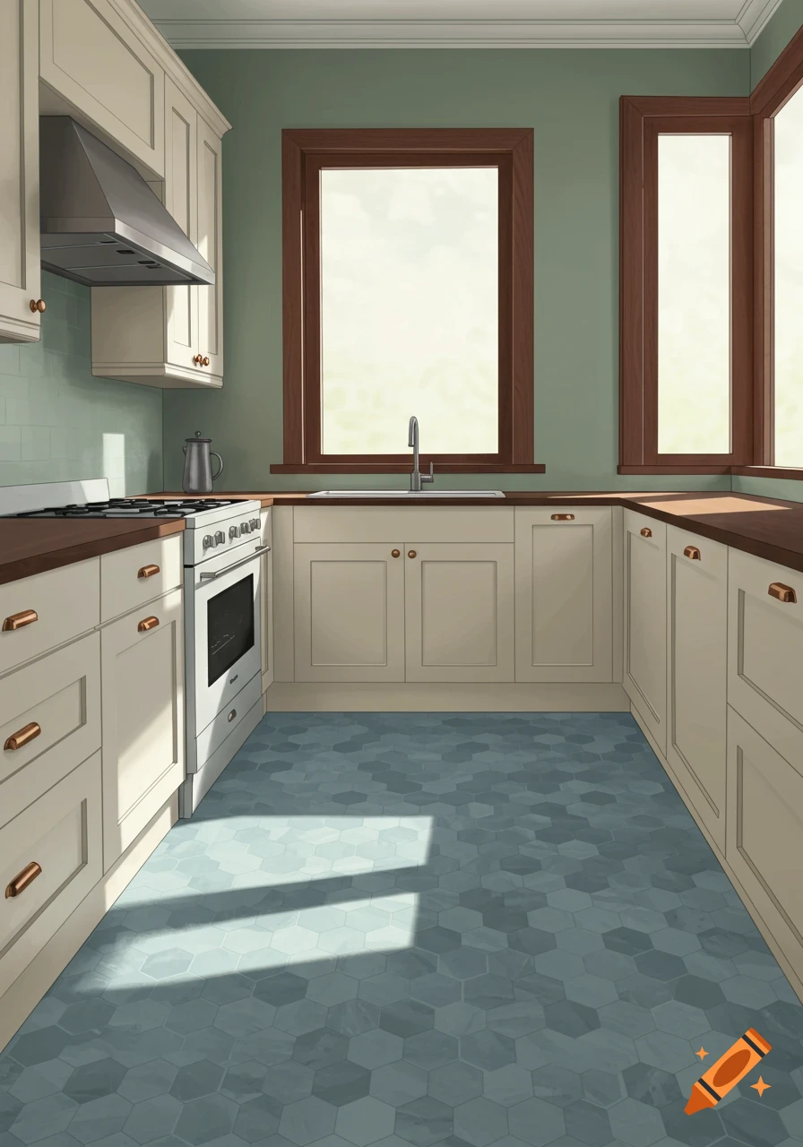 A clean kitchen with cream cabinets, dark wood windows, a light blue-gray hexagonal tile floor, and a light green wall. Sunbeams stream onto the floor.