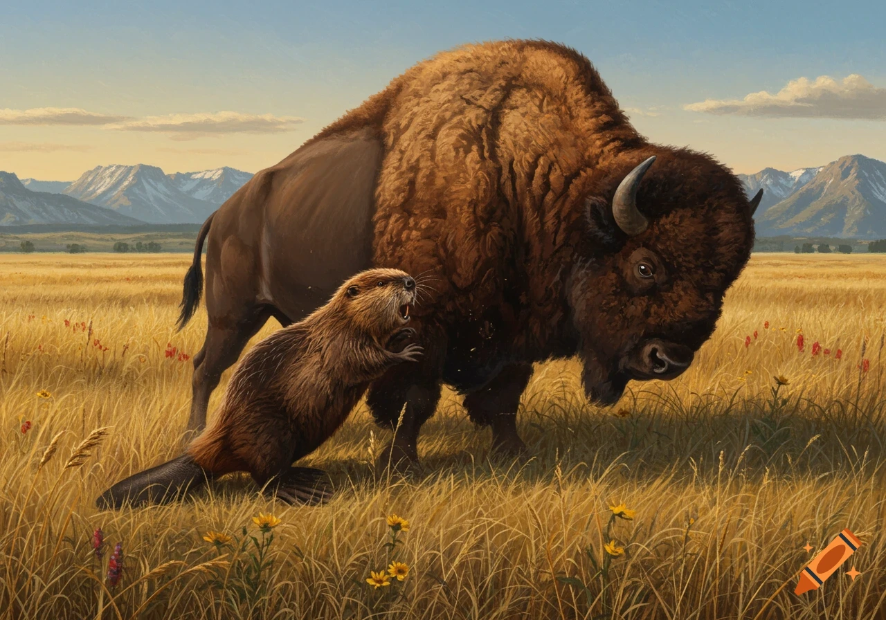 A beaver stands on its hind legs in front of a large bison in a sunlit grassy field with distant mountains, in a painted style.