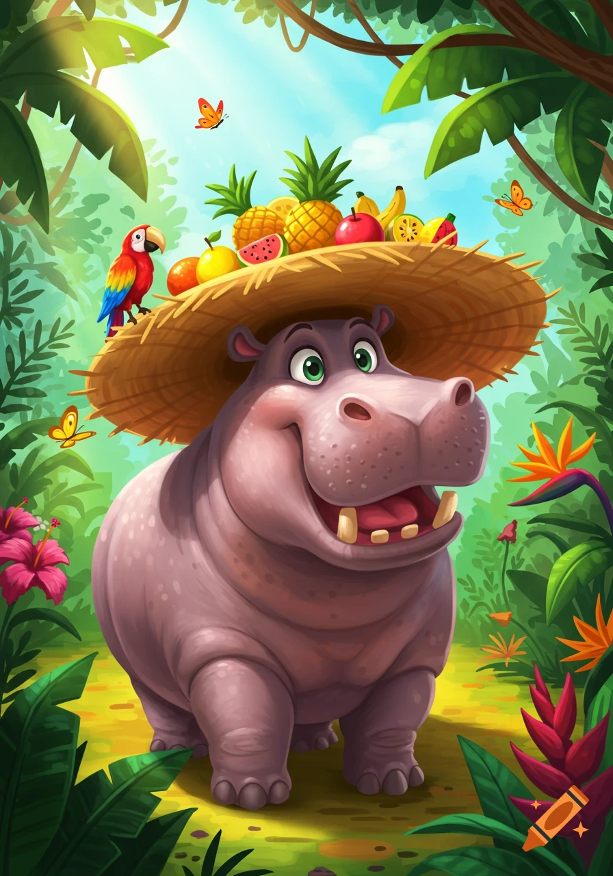 A happy cartoon hippo wearing a straw hat piled with tropical fruits and a parrot, standing in a vibrant jungle.
