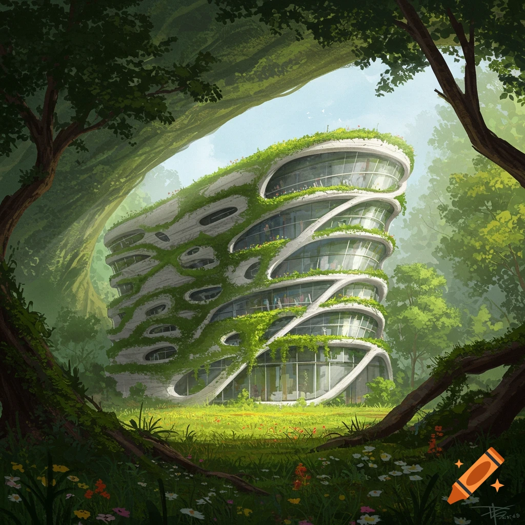 A futuristic, multi-story building with a white curved facade covered in green vines, nestled in a vibrant forest clearing.