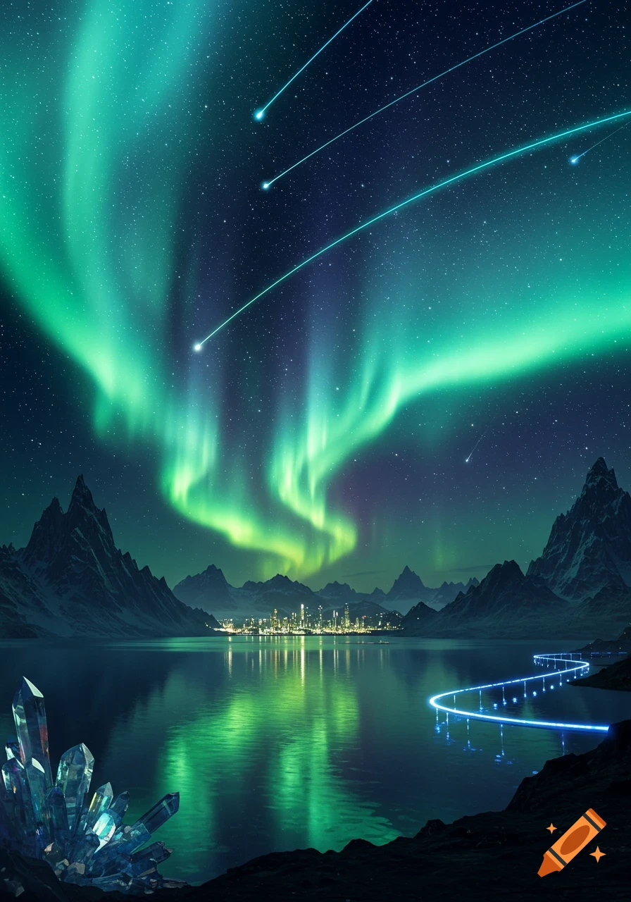 Vibrant green aurora lights up a night sky over a reflective mountain lake with a distant city, glowing path, crystals, and shooting stars.