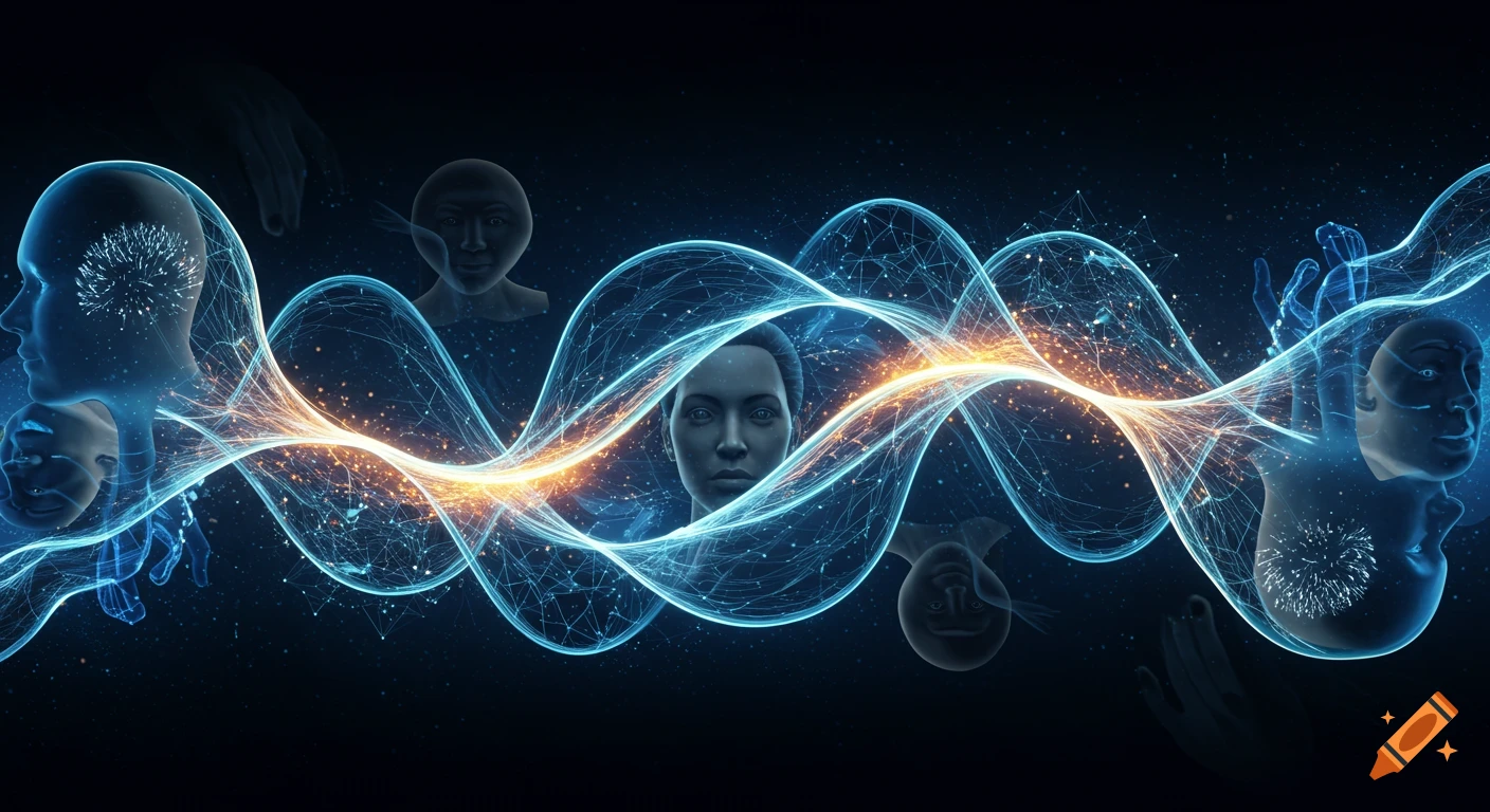 Abstract futuristic banner showing glowing blue and orange neural networks intertwined with translucent human heads and hands on a dark background.