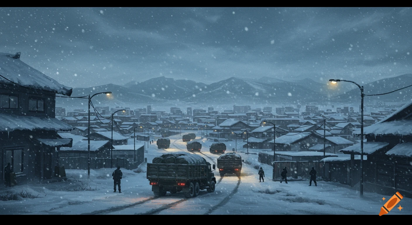 A dark, panoramic illustration of a snow-covered Japanese town with military trucks driving down a street under a heavy snowfall.