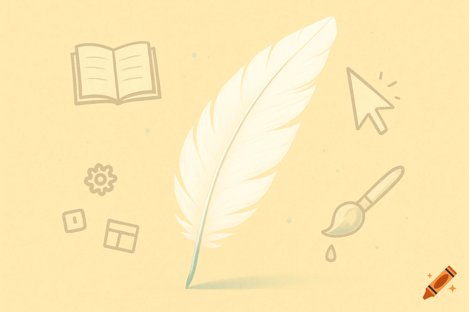 A large white feather quill pen on a pastel yellow background, surrounded by minimalist outline icons of a book, gear, cursor, and paintbrush.