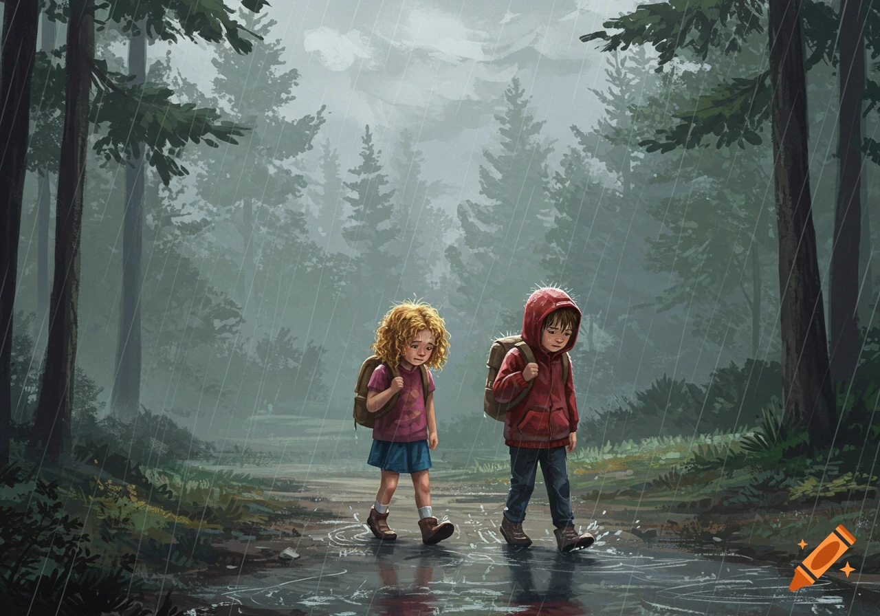 Two unhappy children, a boy and a girl, walk through a rainy forest on a muddy path, puddles reflecting trees. Digital illustration.