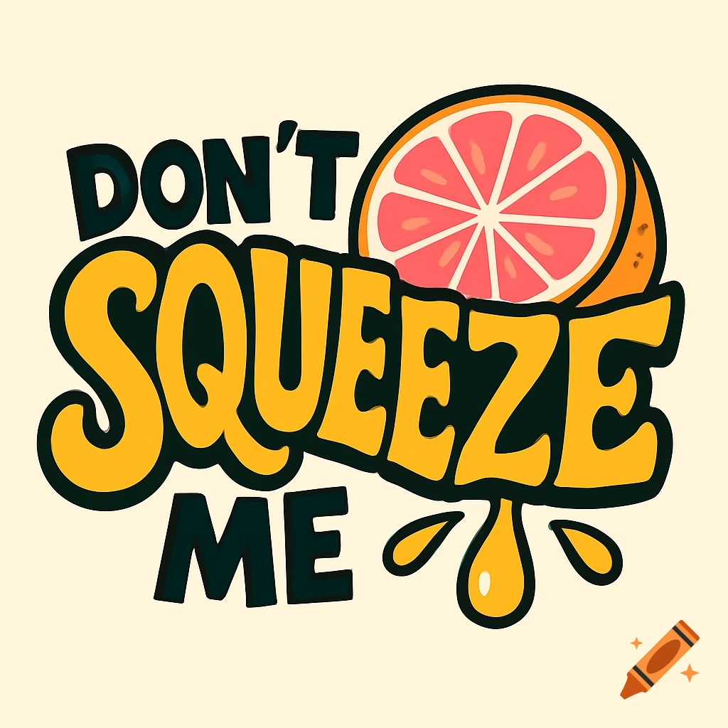 A stylized cartoon logo reads "DON'T SQUEEZE ME" in bold yellow and black letters, with a halved pink grapefruit and juice drops.