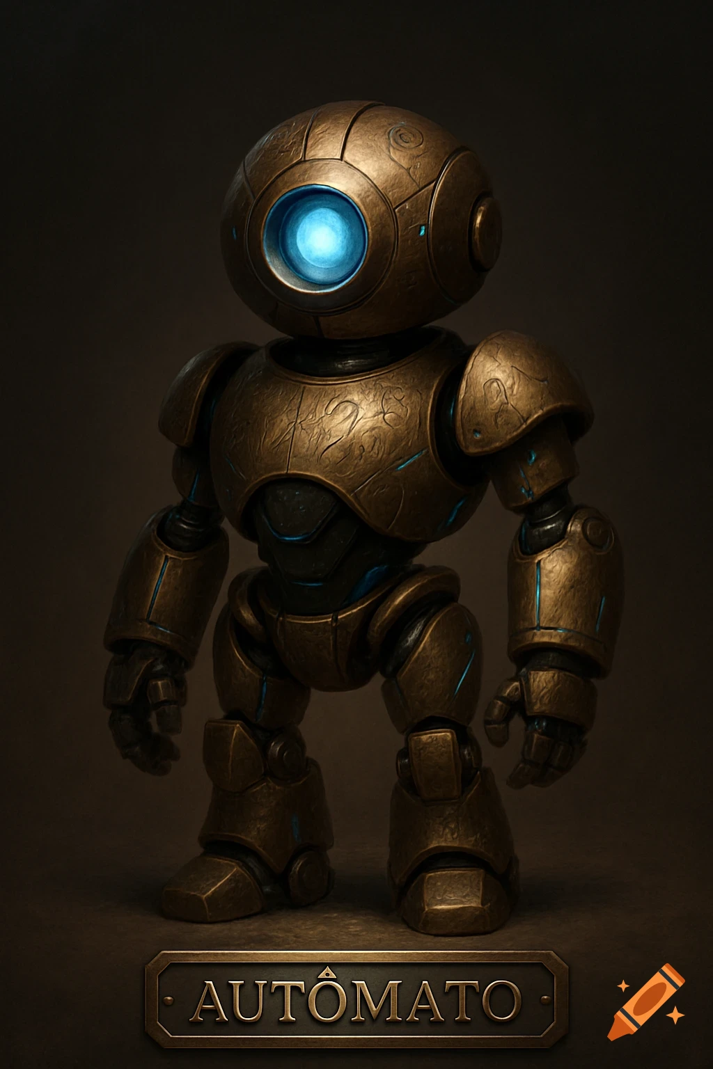 A detailed bronze and steel automaton with a glowing blue eye, etched runes, and faint blue energy lines, standing against a dark background. A nameplate reads AUTÔMATO.