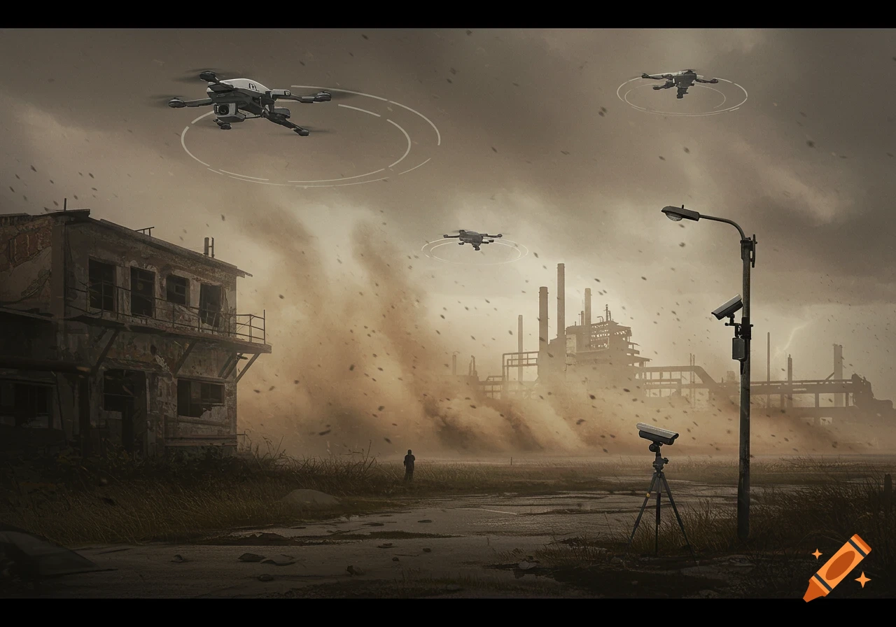 Dystopian landscape with surveillance drones flying over a dilapidated building and abandoned industrial complex under a dusty, stormy sky.