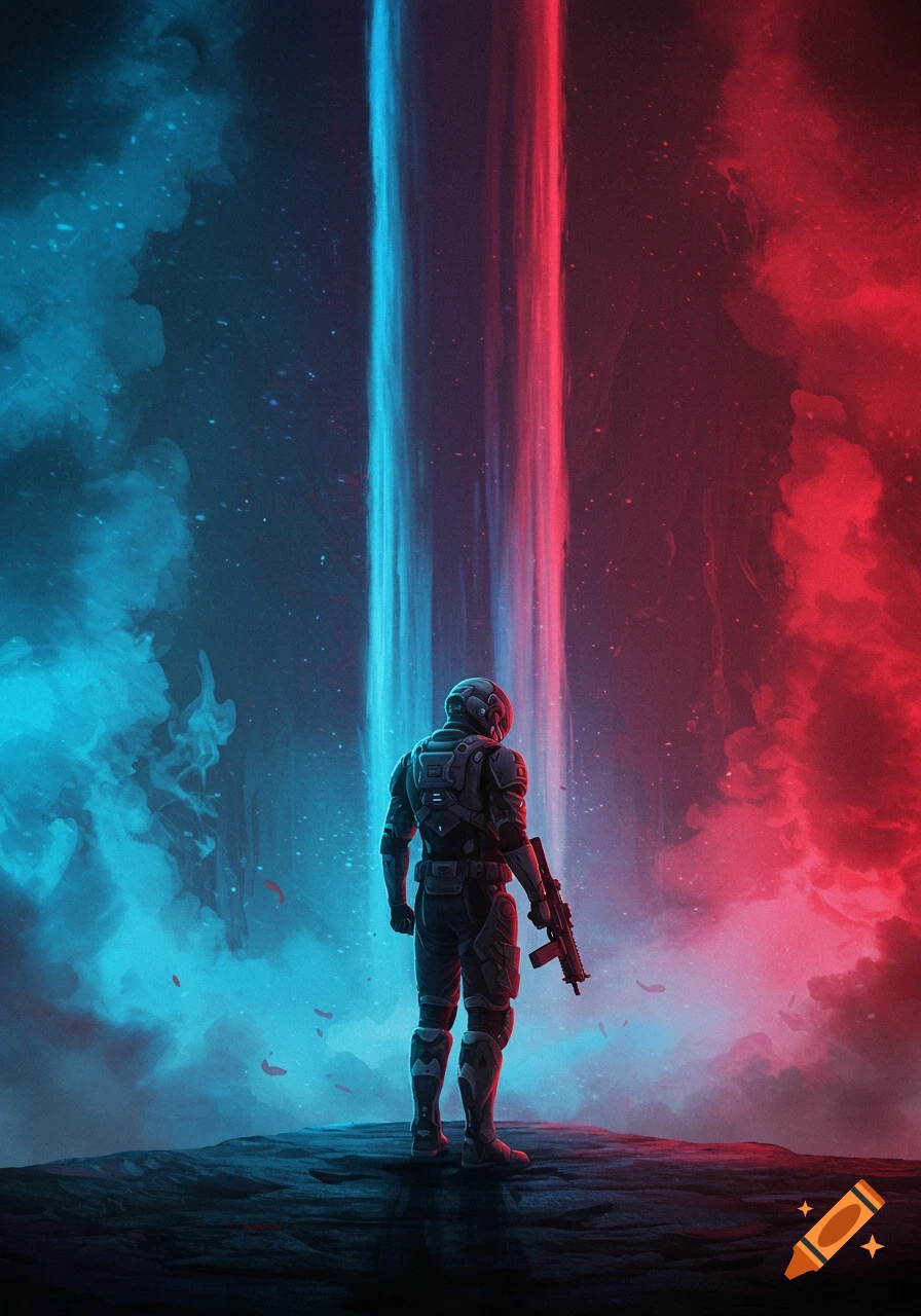A futuristic soldier stands on a rocky surface, gazing at towering blue and red light pillars in a dark, cloudy, sci-fi landscape.