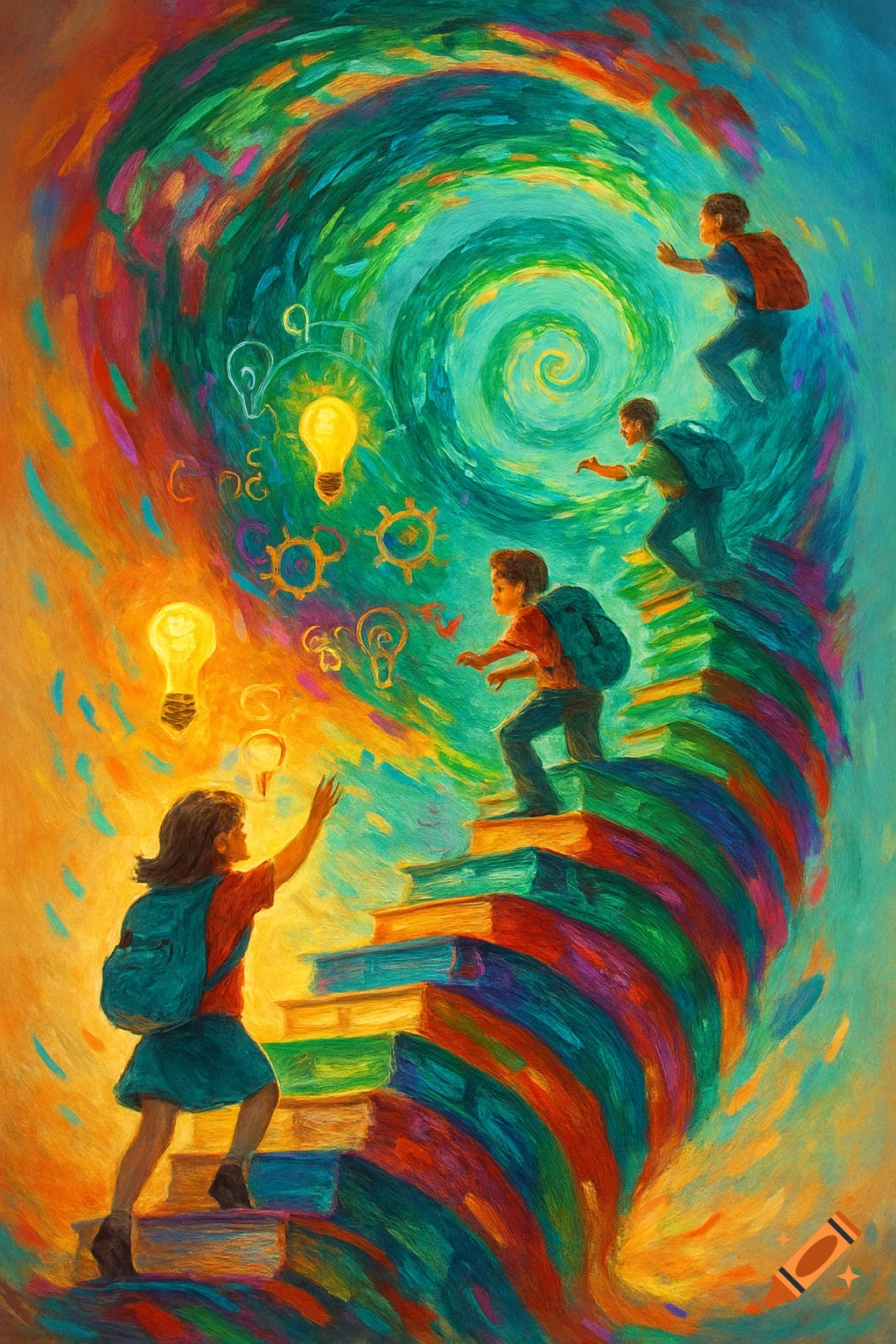 Vibrant oil painting of children climbing a spiral of colorful books, surrounded by lightbulbs and swirling energy.
