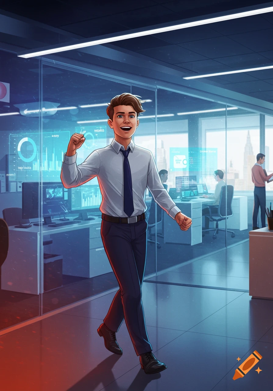 An animated man in a white shirt and tie walks confidently through a modern office with glass walls and data screens.