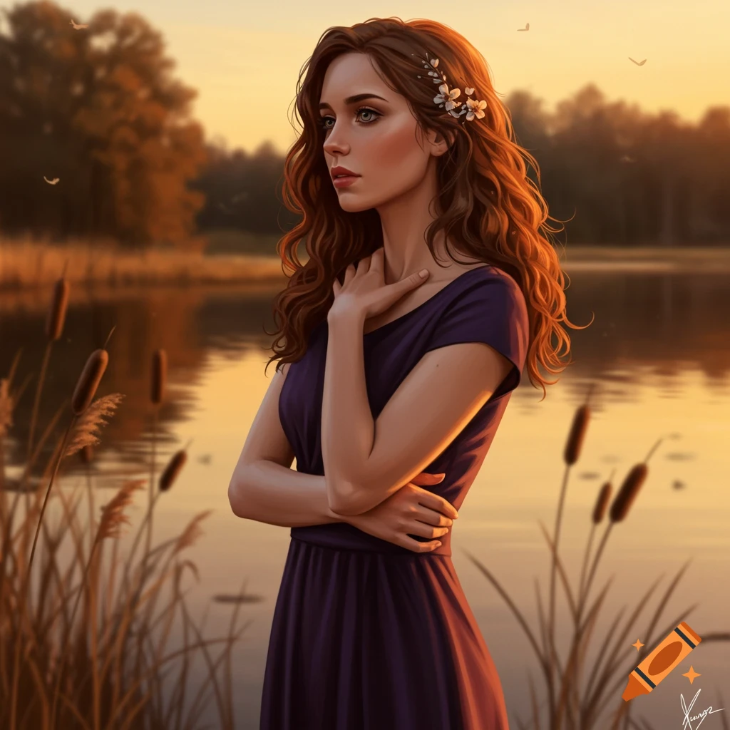 A woman with long wavy hair and a dark dress stands by a lake at sunset, her hands crossed over her chest.