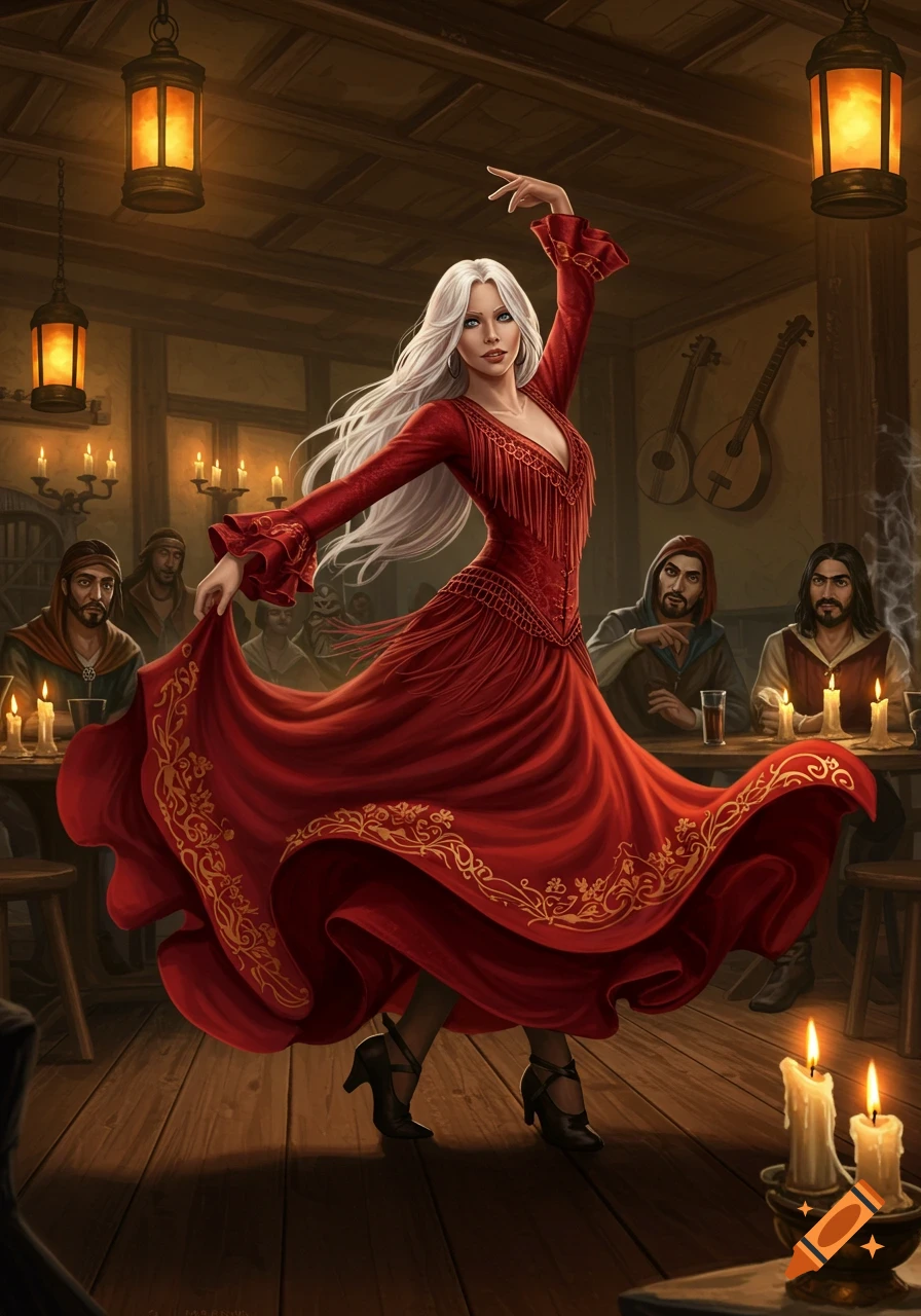 A woman with long white hair in a flowing red dress dances in a candlelit tavern, surrounded by seated patrons.