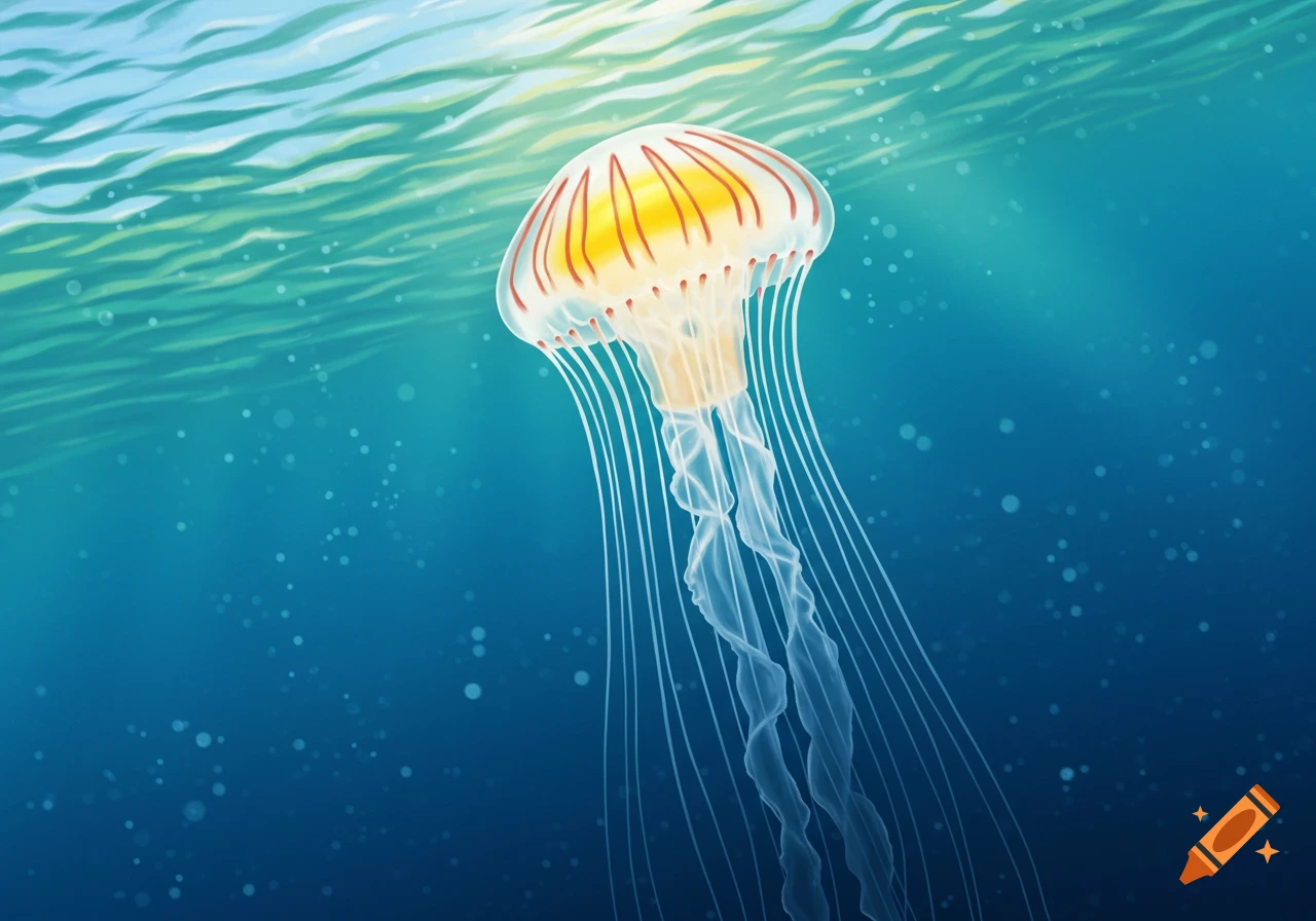 An illustrated yellow and red fried egg jellyfish swims in deep blue ocean water with sunlight shimmering from the surface.