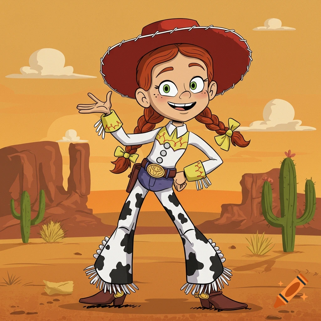 Cartoon illustration of Jessie from Toy Story, a cowgirl with red braids and a red hat, standing in a desert landscape.