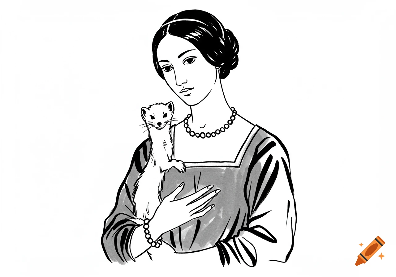 A black and white illustration of a woman holding a white ferret, wearing a pearl necklace and bracelet, with her hair in a bun.