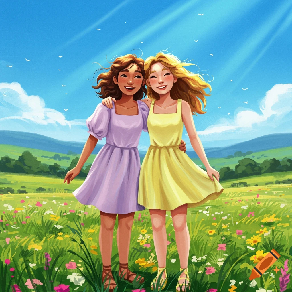 Two smiling friends stand arm-in-arm in a vibrant flowery field under a sunny blue sky, in a colorful illustration.