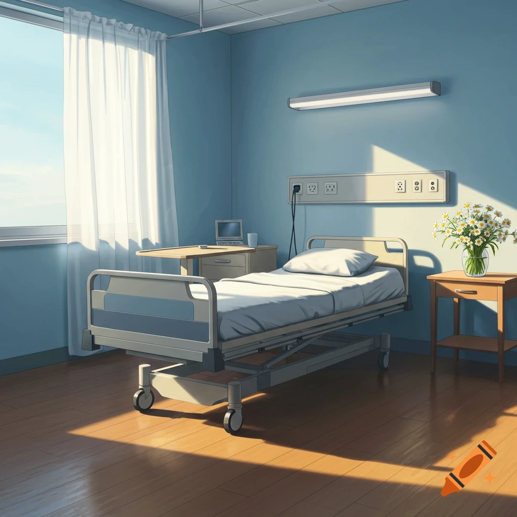 An empty anime-style hospital room with a bed, nightstand with flowers, and sunlight streaming through the window.