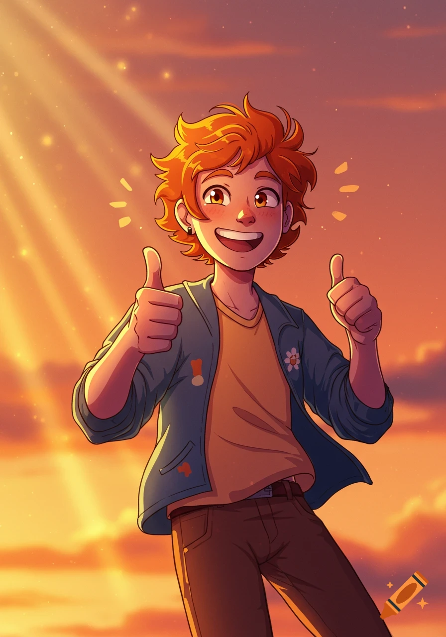 A cheerful, orange-haired animated person gives two thumbs up against a warm, cloudy sunset sky.